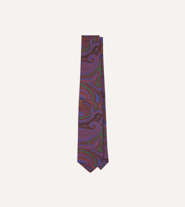 drake's Purple Acanthus Print Silk Self Tipped Tie