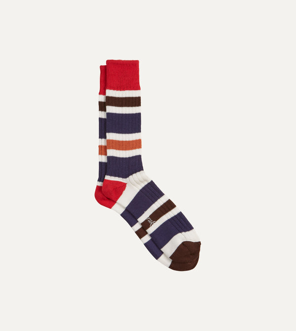 drake's Red and Navy Cotton Striped Sports Socks