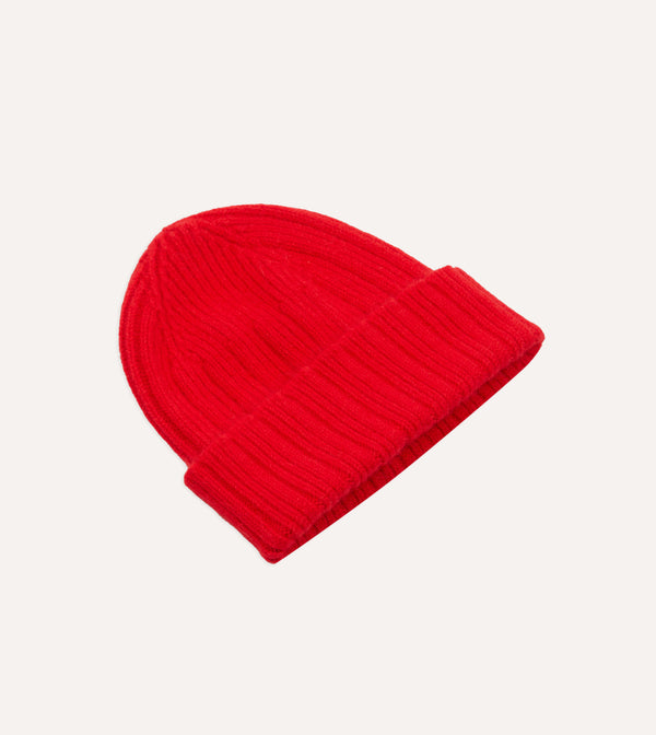 Drake's Red Angora Lambswool Ribbed Knit Cap