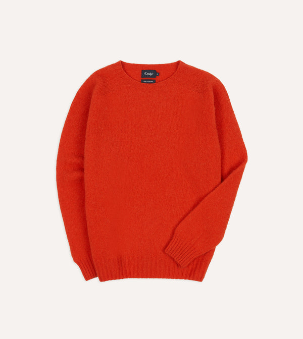 drake's Red Brushed Shetland Crew Neck Jumper