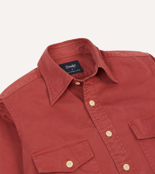 Drake's Red Cotton Long Point Collar Work Shirt