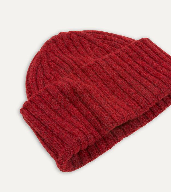 Drake's Red Lambswool Ribbed Knit Cap