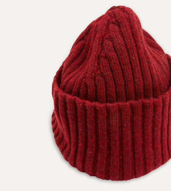 Drake's Red Lambswool Ribbed Knit Cap