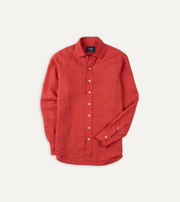 drake's Red Linen Spread Collar Shirt
