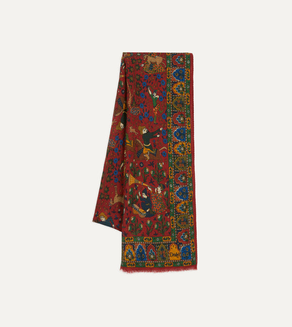 Drake's Red Mughal Hunter Print Wool-Silk Scarf