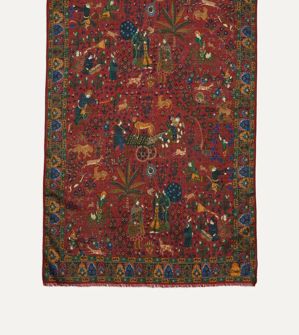 Drake's Red Mughal Hunter Print Wool-Silk Scarf