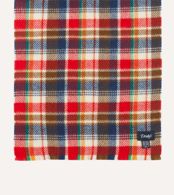 Drake's Red Multi Tartan Check Wool Scarf