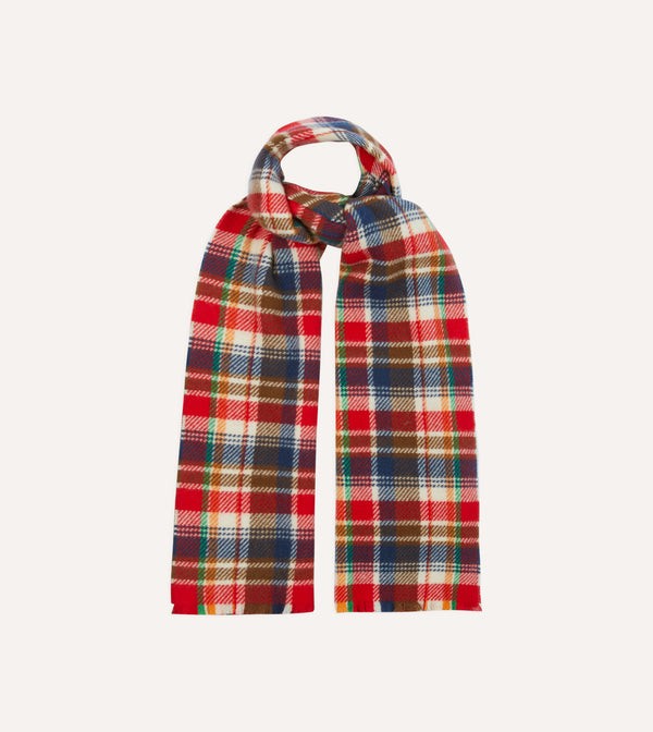 Drake's Red Multi Tartan Check Wool Scarf