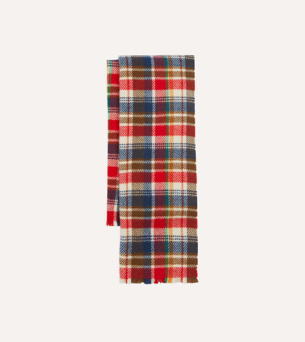 drake's Red Multi Tartan Check Wool Scarf
