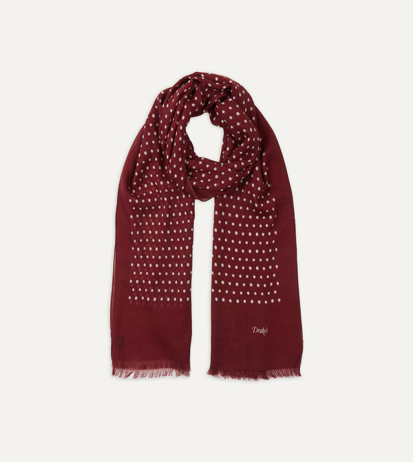 Drake's Red Polka Dot Print Wool Scarf