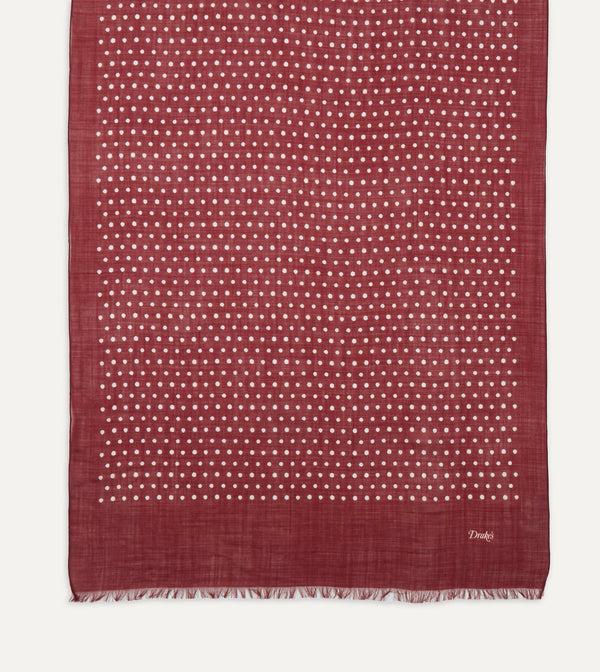 Drake's Red Polka Dot Print Wool Scarf