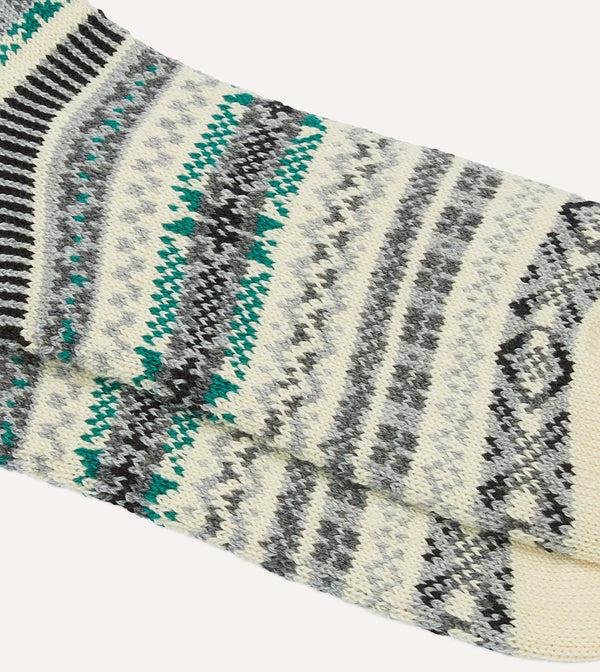 Drake's RoToTo Ecru Cotton Fair Isle Socks