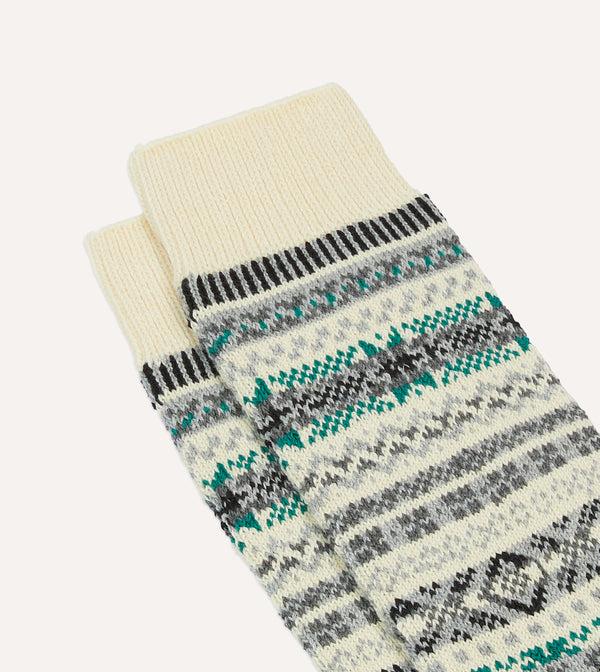 Drake's RoToTo Ecru Cotton Fair Isle Socks