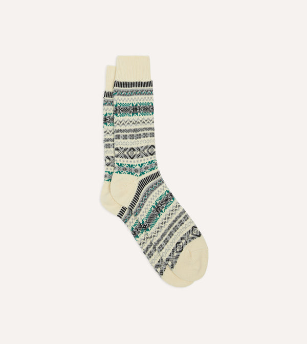 drake's RoToTo Ecru Cotton Fair Isle Socks