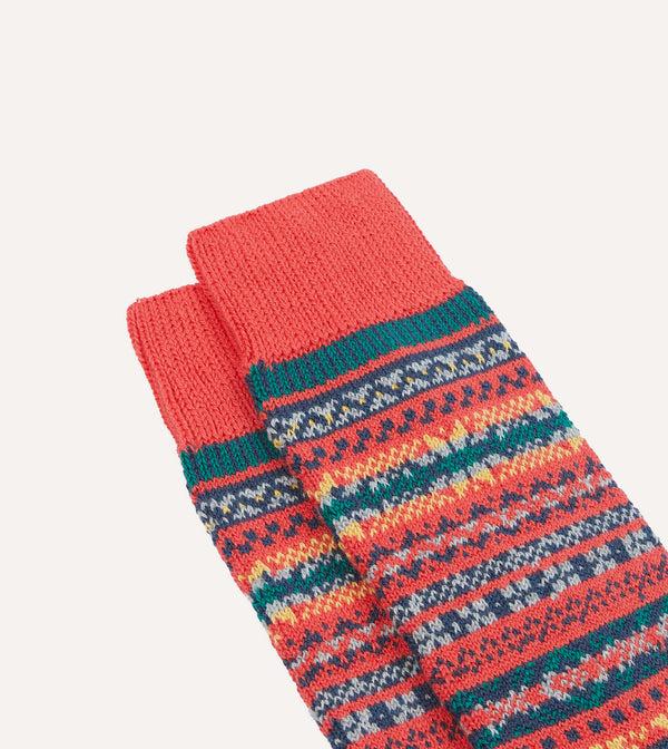 Drake's RoToTo Red Cotton Fair Isle Socks