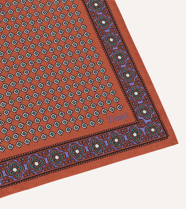 Drake's Rust Vintage Tile Print Silk Pocket Square