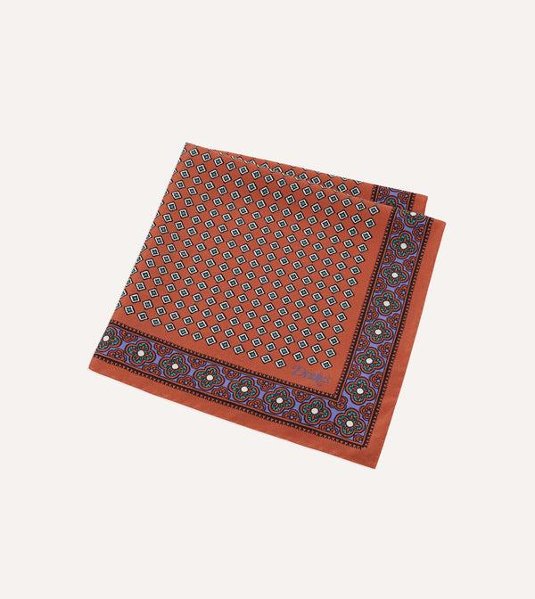 Drake's Rust Vintage Tile Print Silk Pocket Square