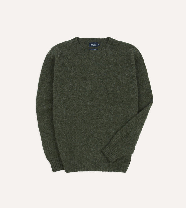 drake's Seaweed Brushed Shetland Crew Neck Jumper