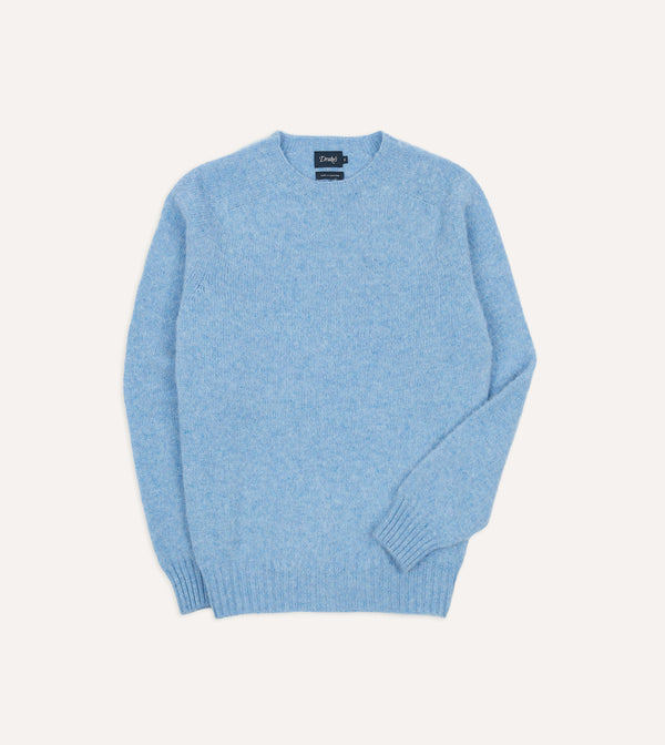 drake's Sky Blue Brushed Shetland Crew Neck Jumper