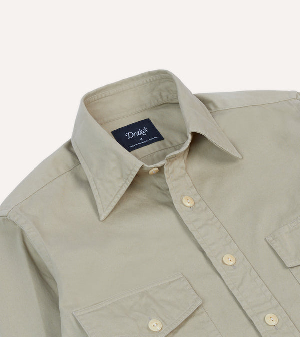 Drake's Stone Cotton Long Point Collar Work Shirt