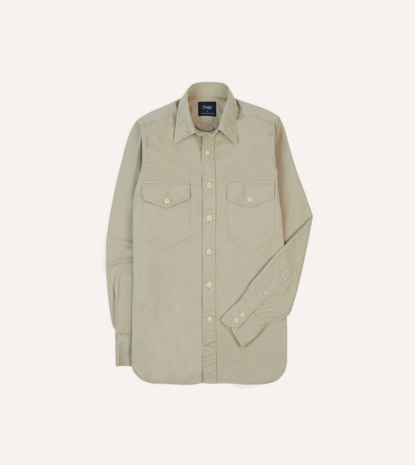 drake's Stone Cotton Long Point Collar Work Shirt