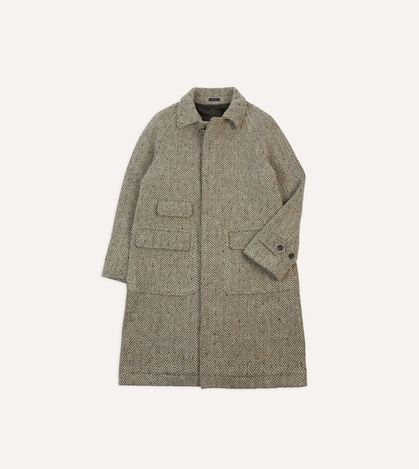 drake's Taupe Herringbone Flecked Wool Raglan Coat