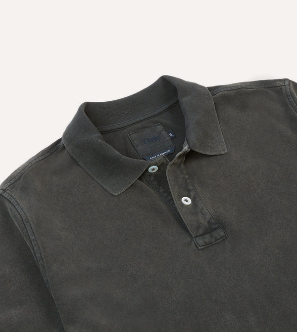 Drake's Washed Black Piqué Cotton Polo Shirt