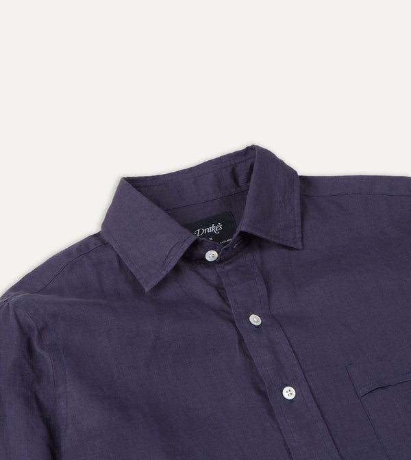 Drake's Washed Navy Linen Spread Collar Shirt