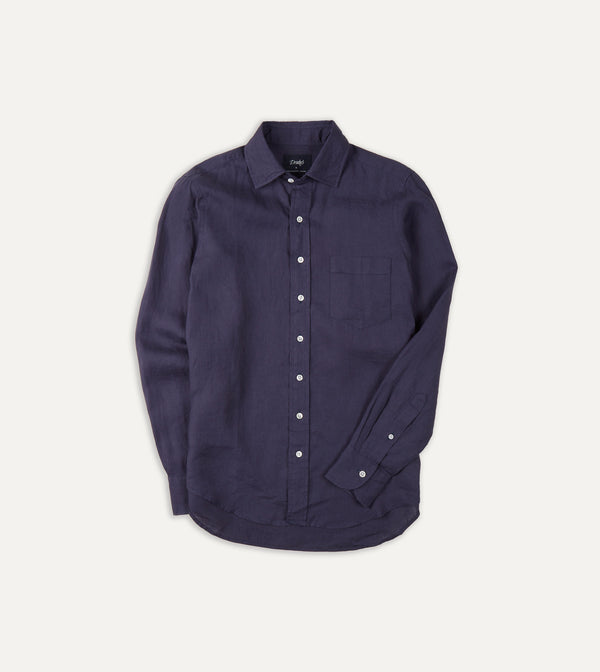 drake's Washed Navy Linen Spread Collar Shirt