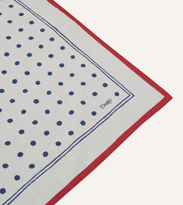Drake's White And Navy Polka Dot Print Bandana