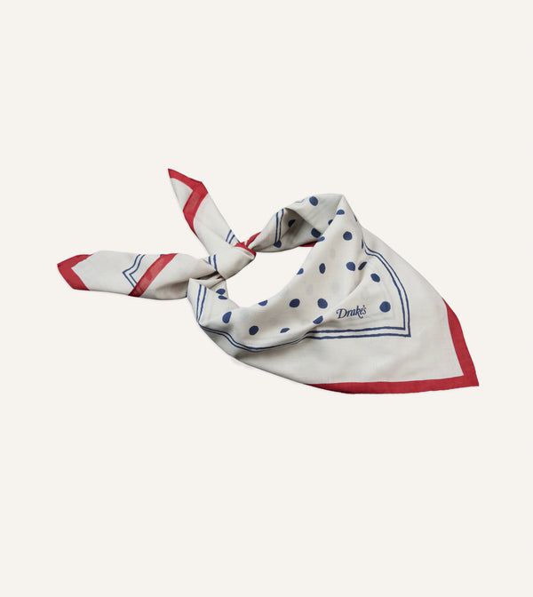 Drake's White And Navy Polka Dot Print Bandana