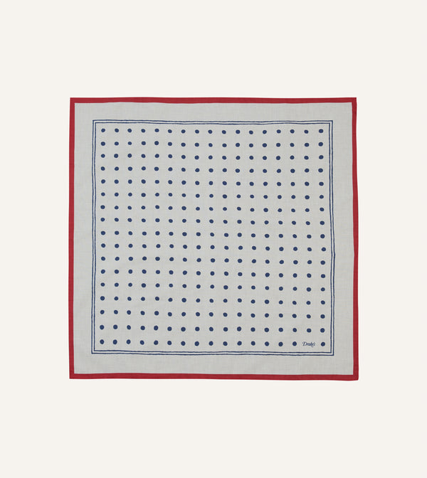 drake's White and Navy Polka Dot Print Bandana