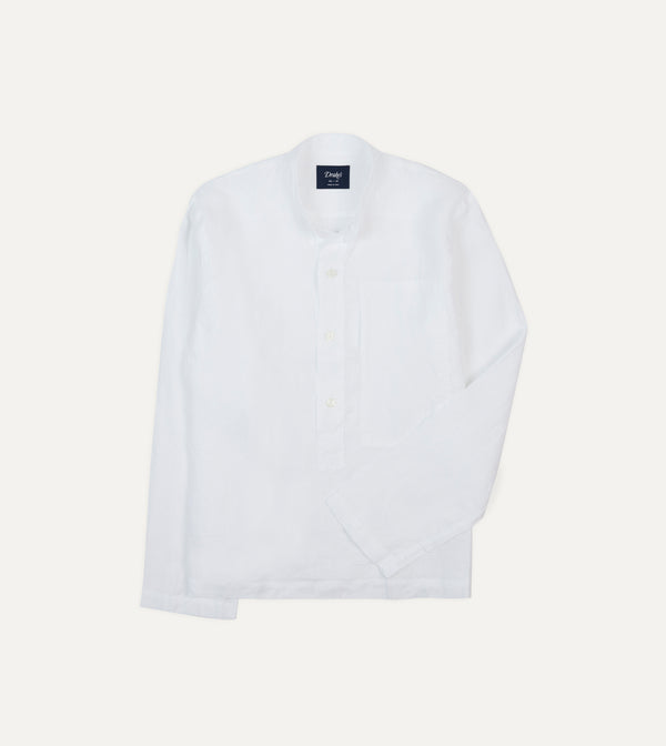 drake's White Linen Mandarin Collar Popover Shirt