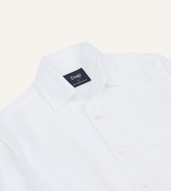 Drake's White Linen Spread Collar Shirt
