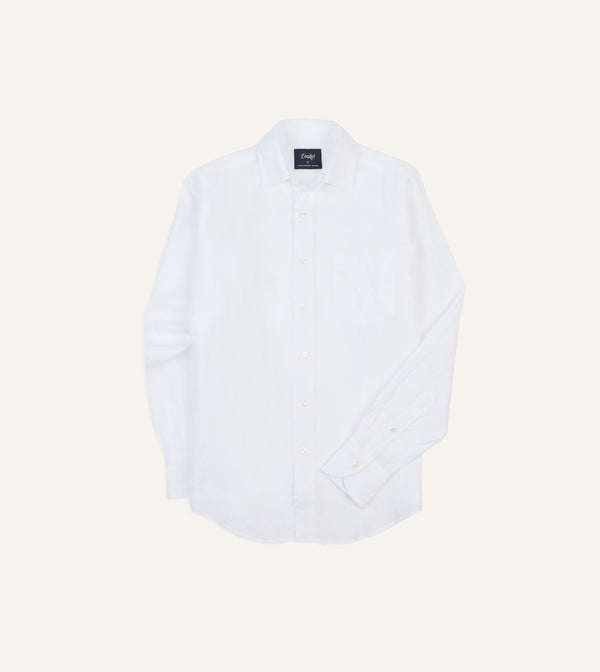 drake's White Linen Spread Collar Shirt