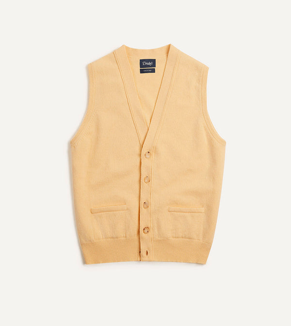drake's Yellow Lambswool Sleeveless Cardigan