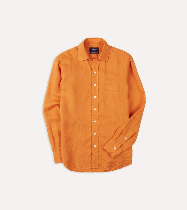 drake's Yellow Linen Spread Collar Shirt
