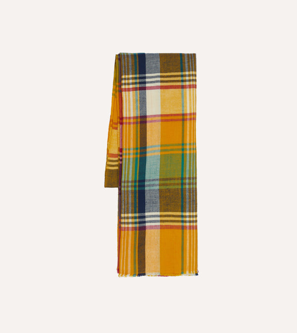 Drake's Yellow Madras Check Cashmere Scarf