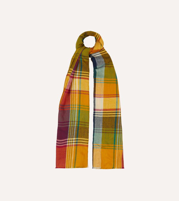 drake's Yellow Madras Check Cashmere Scarf
