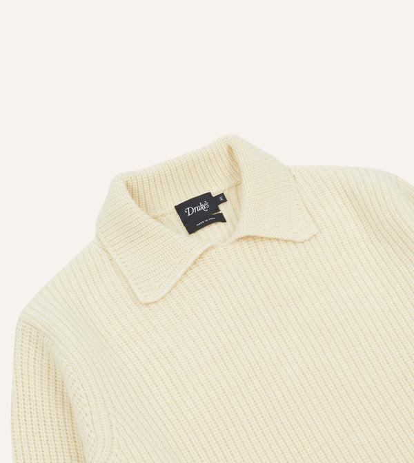 Drake's Ecru Alpaca Lambswool Ribbed Integral Collar Jumper