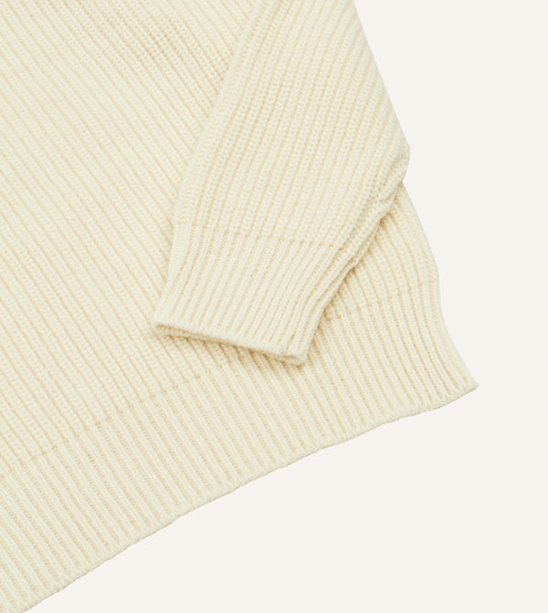 Drake's Ecru Alpaca Lambswool Ribbed Integral Collar Jumper
