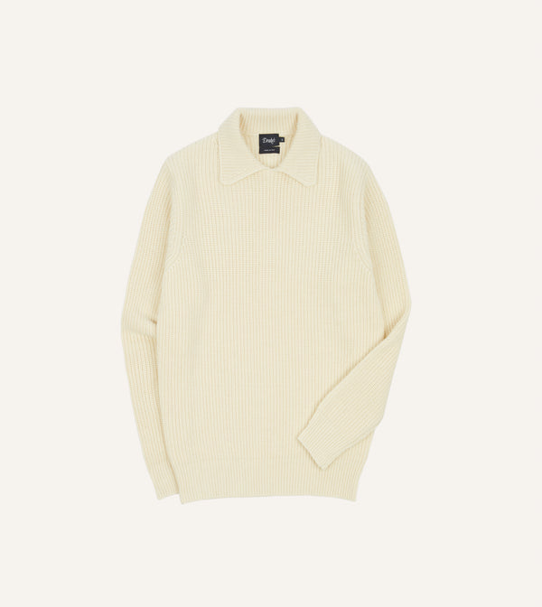 drake's Ecru Alpaca Lambswool Ribbed Integral Collar Jumper