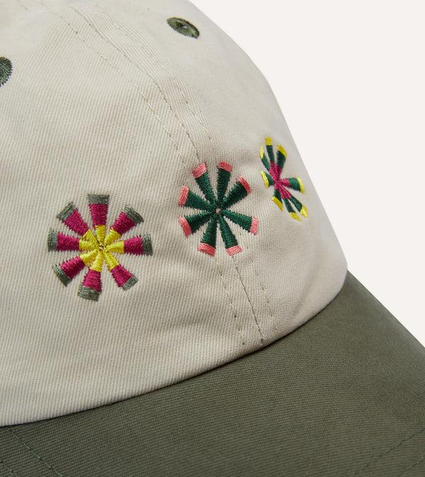 Drake's Ecru And Green Kantha Suns Emblem Cotton Baseball Cap