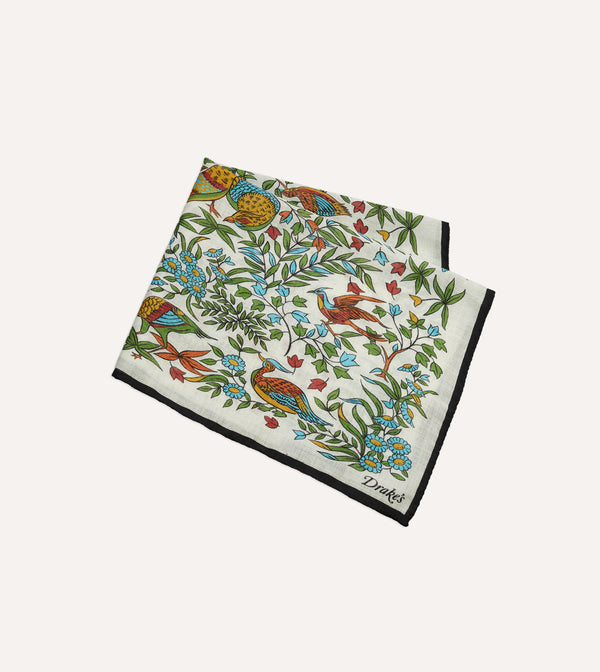 Drake's Ecru Birds Of Paradise Print Wool-Silk Pocket Square