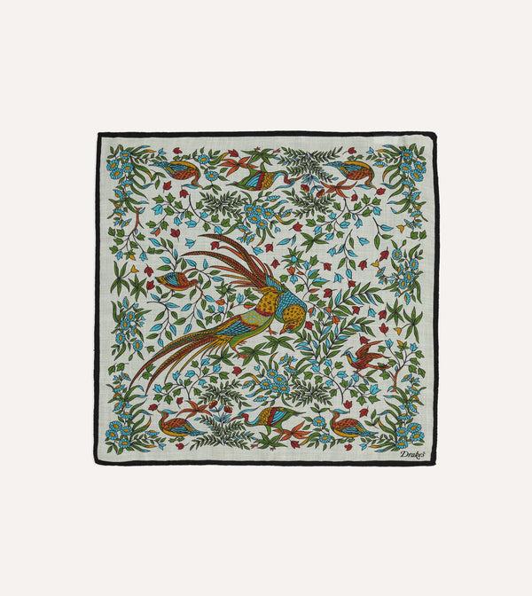 drake's Ecru Birds of Paradise Print Wool-Silk Pocket Square
