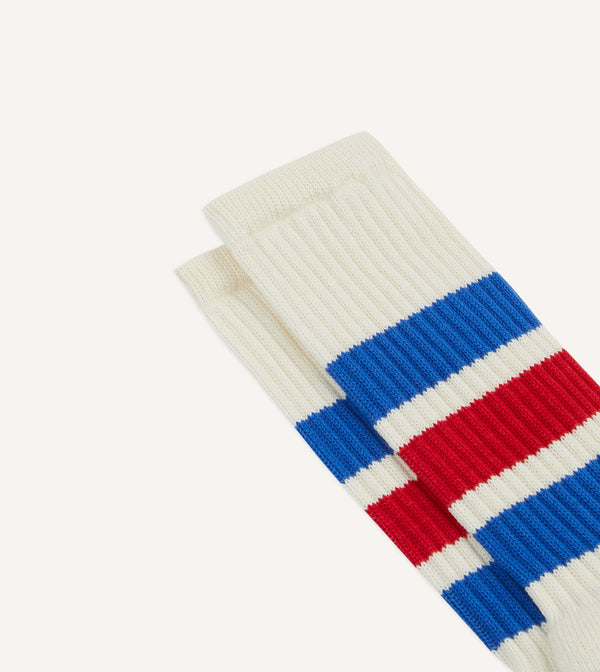 Drake's Ecru Blue And Red 3 Stripe Cotton Sports Sock