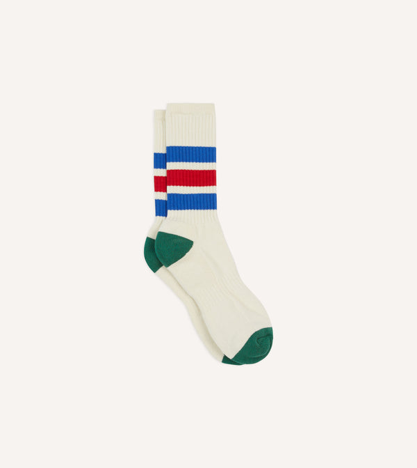 drake's Ecru Blue and Red 3 Stripe Cotton Sports Sock