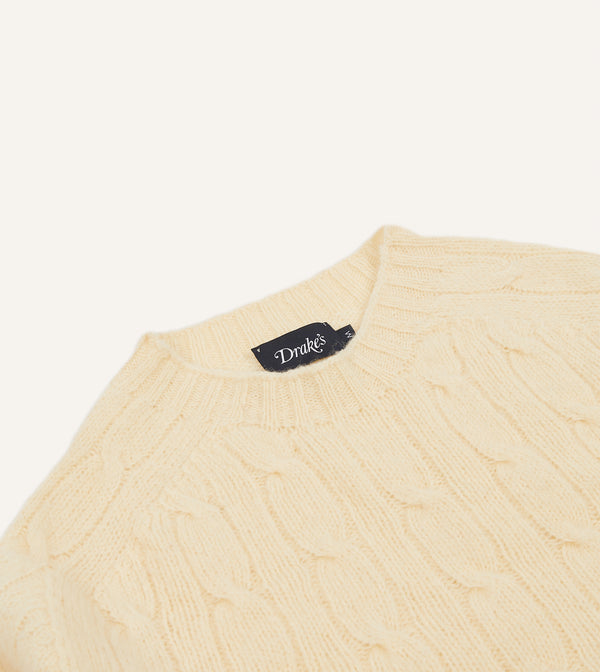 Drake's Ecru Brushed Shetland Cable Knit Crew Neck Jumper