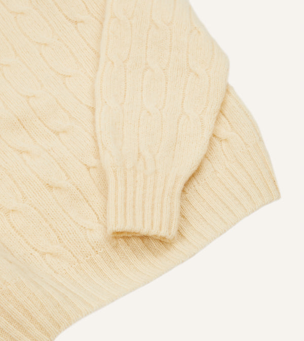 Drake's Ecru Brushed Shetland Cable Knit Crew Neck Jumper