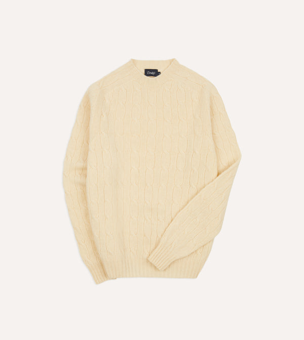 drake's Ecru Brushed Shetland Cable Knit Crew Neck Jumper